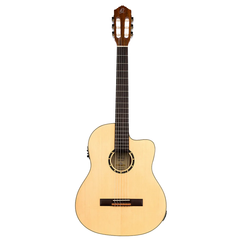 GUITARRA ELECTROCLASICA, CUTAWAY, EQ ORTEGA, COLOR NATURAL, ACABADO MATE, TAPA DE ABETO, FONDO Y AROS DE CAOBA, CUERDAS ORTEGA