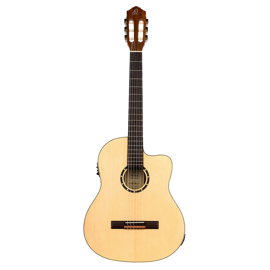 GUITARRA ELECTROCLASICA, CUTAWAY, EQ ORTEGA, COLOR NATURAL, ACABADO MATE, TAPA DE ABETO, FONDO Y AROS DE CAOBA, CUERDAS ORTEGA