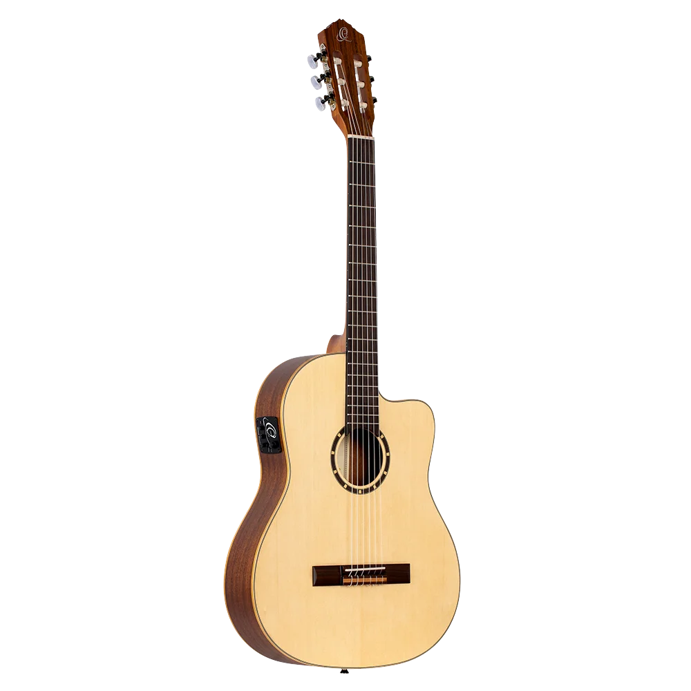 GUITARRA ELECTROCLASICA, CUTAWAY, EQ ORTEGA, COLOR NATURAL, ACABADO MATE, TAPA DE ABETO, FONDO Y AROS DE CAOBA, CUERDAS ORTEGA