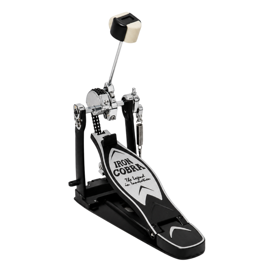 Pedal para Batería de color negro y gris, tracción a cadena, mazo ajustable de doble impacto
