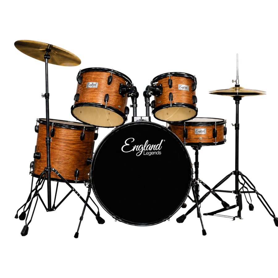 BATERIA ACUSTICA SET DE 5 PIEZAS COLOR MADERA NATURAL A RELIEVE Y HERRAJES COLOR NEGRO, INCLUYE SILLA  Y PLATILLOS