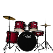 BATERIA ACUSTICA SET DE 5 PIEZAS COLOR MADERA ROJA A RELIEVE Y HERRAJES COLOR NEGRO, INCLUYE SILLA  Y PLATILLOS