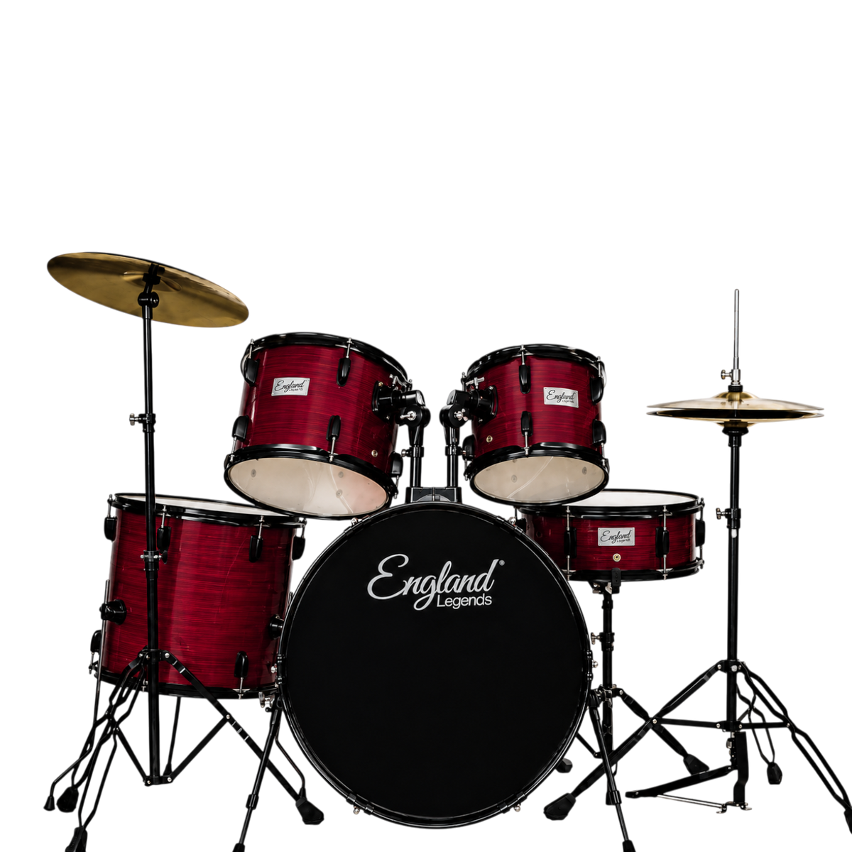 BATERIA ACUSTICA SET DE 5 PIEZAS COLOR MADERA ROJA A RELIEVE Y HERRAJES COLOR NEGRO, INCLUYE SILLA  Y PLATILLOS