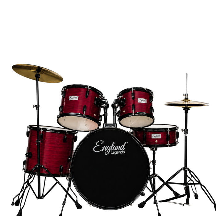 BATERIA ACUSTICA SET DE 5 PIEZAS COLOR MADERA ROJA A RELIEVE Y HERRAJES COLOR NEGRO, INCLUYE SILLA  Y PLATILLOS
