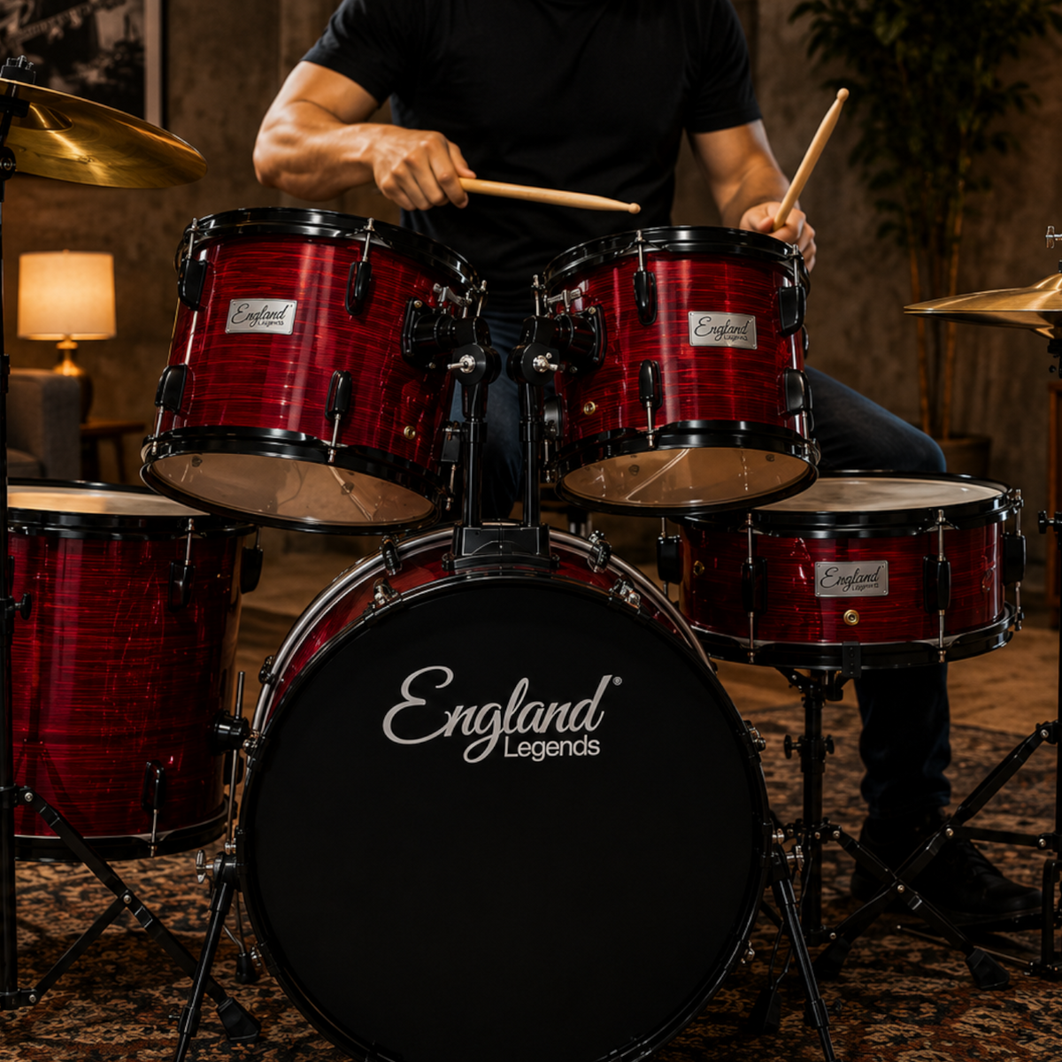 BATERIA ACUSTICA SET DE 5 PIEZAS COLOR MADERA ROJA A RELIEVE Y HERRAJES COLOR NEGRO, INCLUYE SILLA  Y PLATILLOS