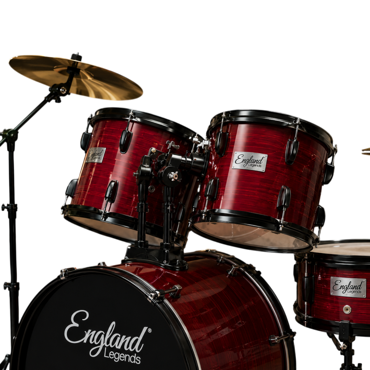 BATERIA ACUSTICA SET DE 5 PIEZAS COLOR MADERA ROJA A RELIEVE Y HERRAJES COLOR NEGRO, INCLUYE SILLA  Y PLATILLOS