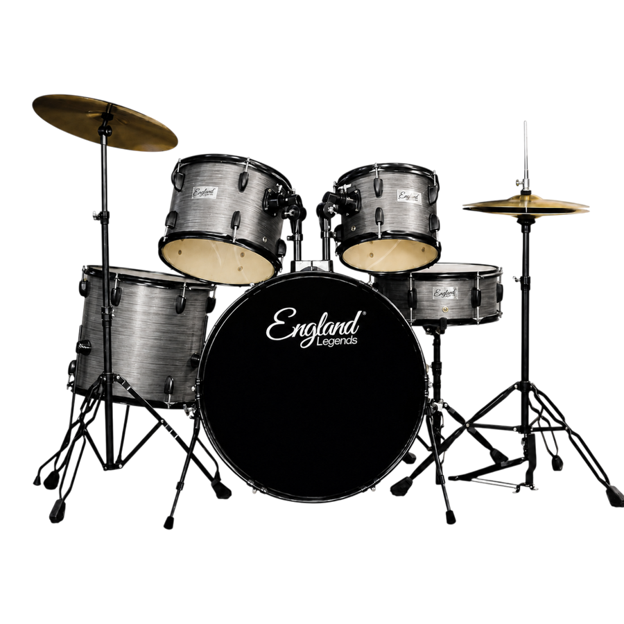 BATERIA ACUSTICA SET DE 5 PIEZAS COLOR MADERA GRIS Y HERRAJES COLOR NEGRO, INCLUYE SILLA  Y PLATILLOS
