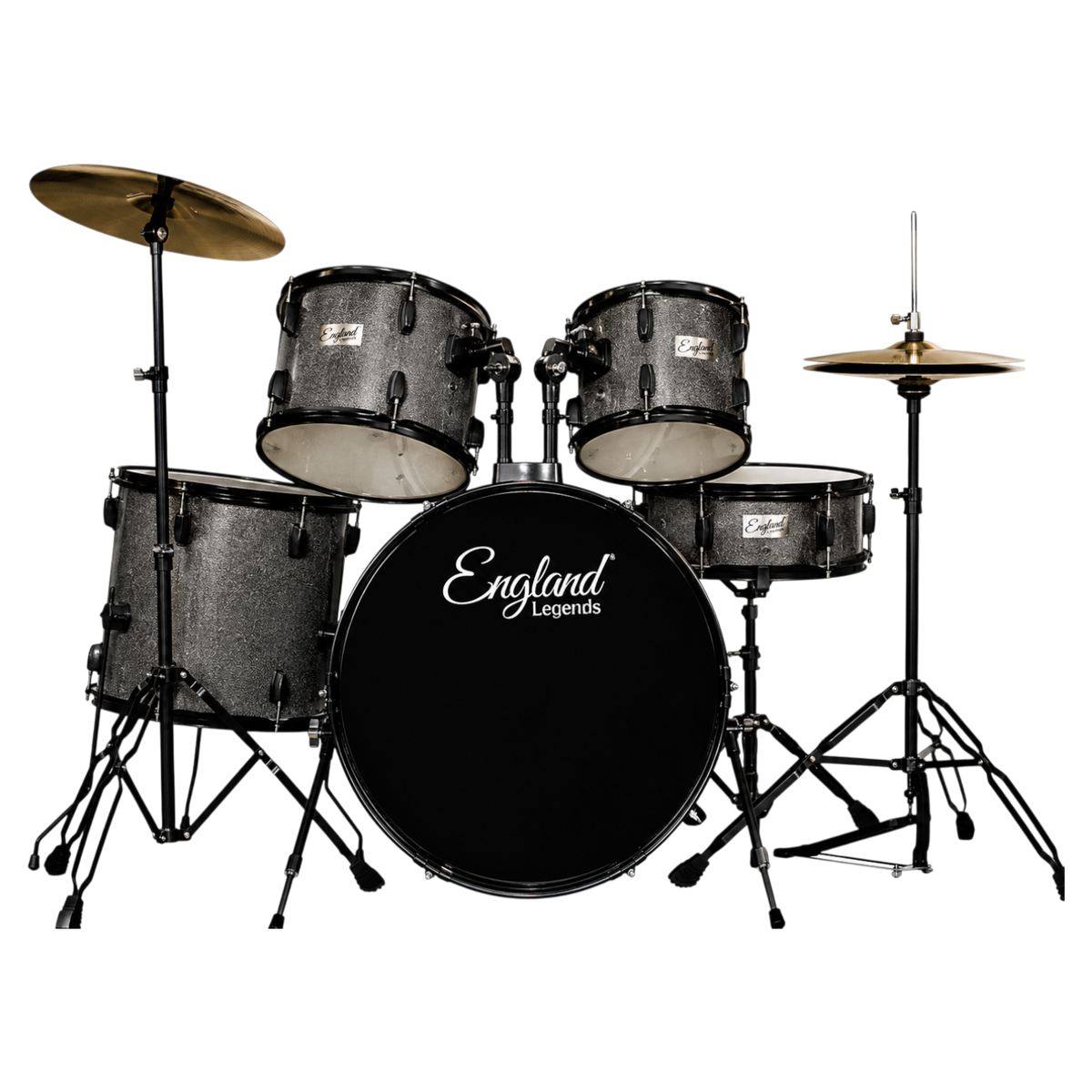 BATERIA ACUSTICA SET DE 5 PIEZAS COLOR GRIS ESCARCHADO Y HERRAJES COLOR NEGRO, INCLUYE SILLA  Y PLATILLOS