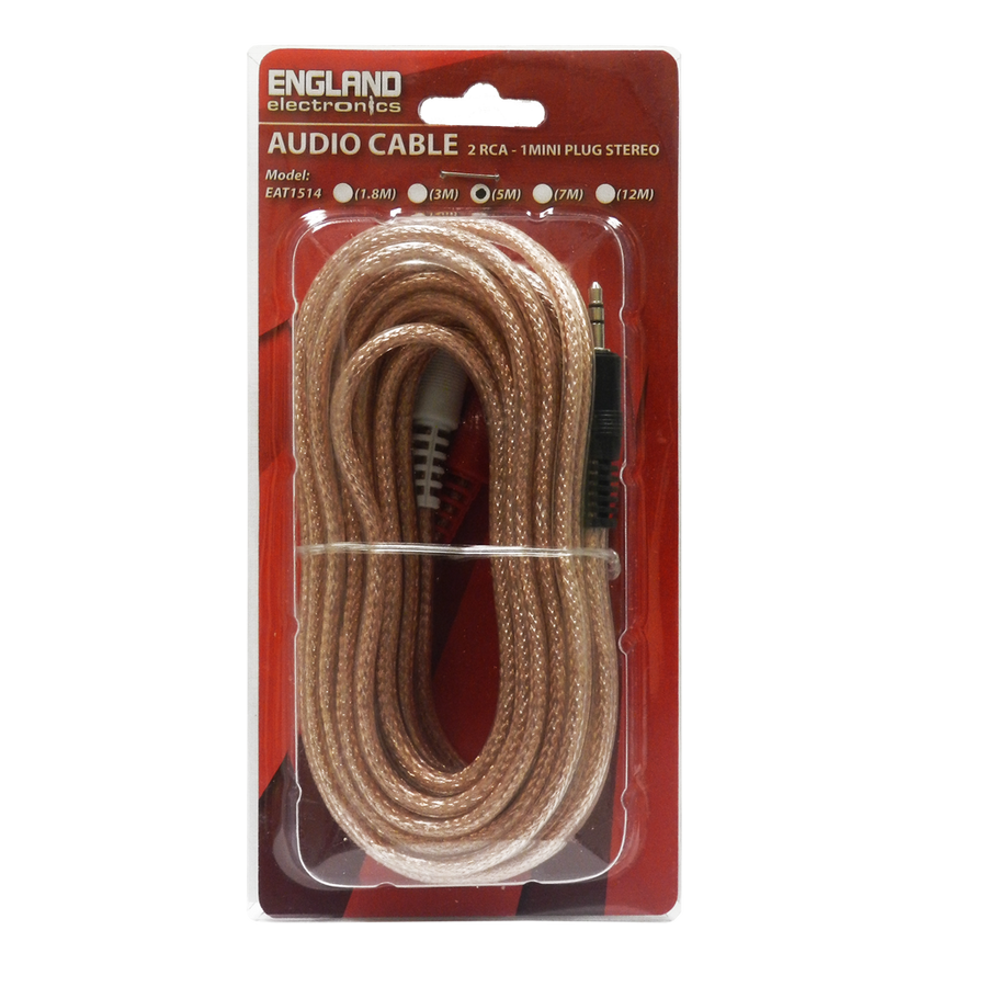 CABLE DE AUDIO TRANSPARENTE, 2 PLUG RCA A PLUG 3.5MM, CCS/CCA, 5MTS