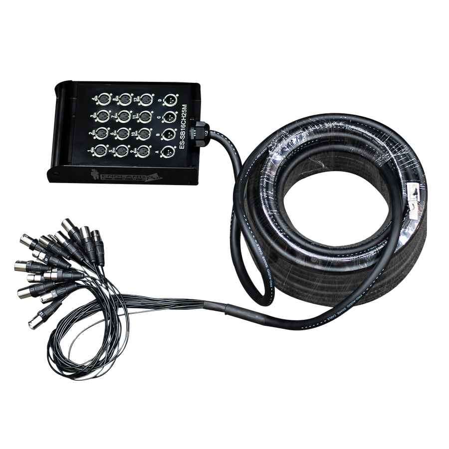 CABLE MEDUSA CON CAJA PARA ESCENARIO, 16 CANALES, (12 HEMBRAS XLR+ 4 MACHO XLR), 25 MTS