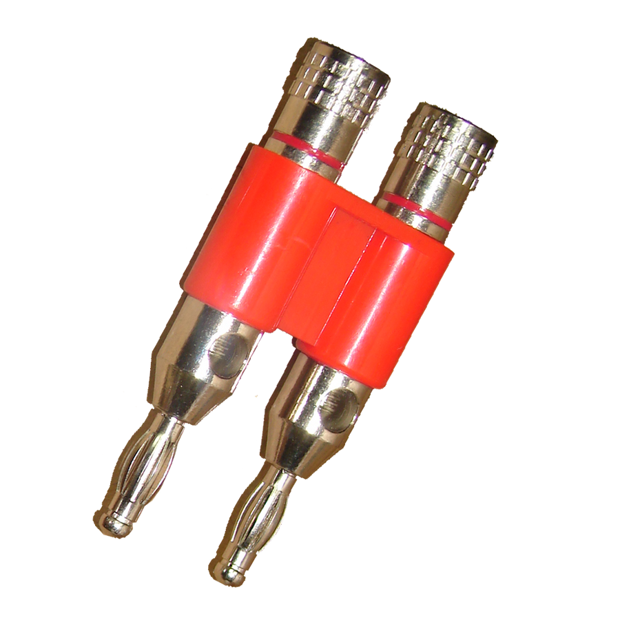 PLUG BANANA DORADO DOBLE, GRUESO, ROJO, PLASTICO
