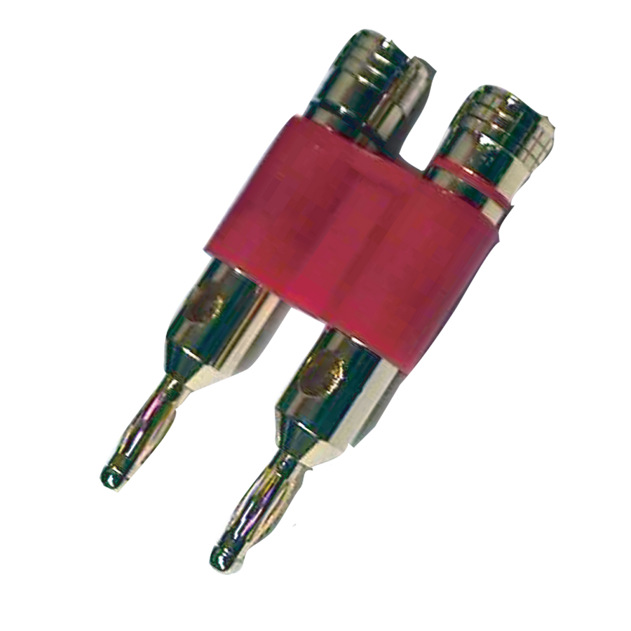 PLUG BANANA DORADO DOBLE, GRUESO, ROJO, PLASTICO