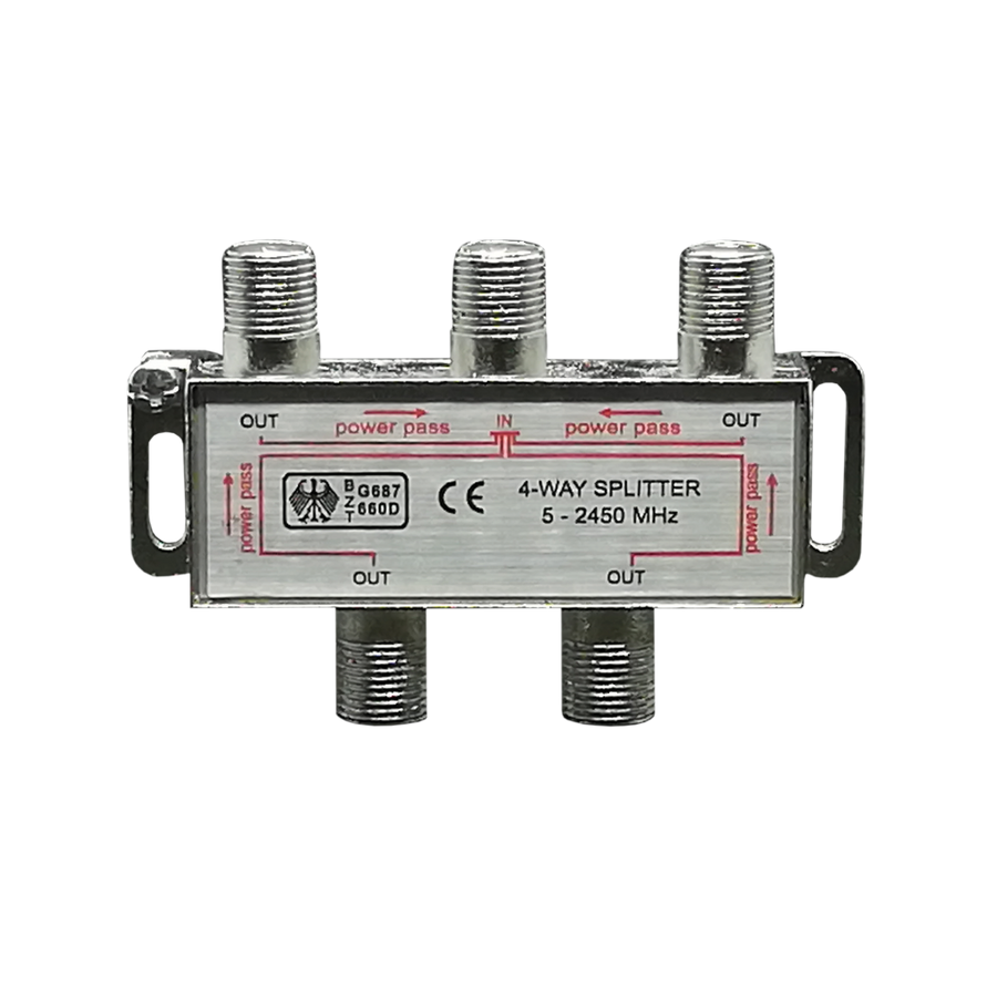 SPLITTER COAXIAL DE 4 SALIDAS, 1 ENTRADA, 5-2450MHZ, CON PCB, BLISTER