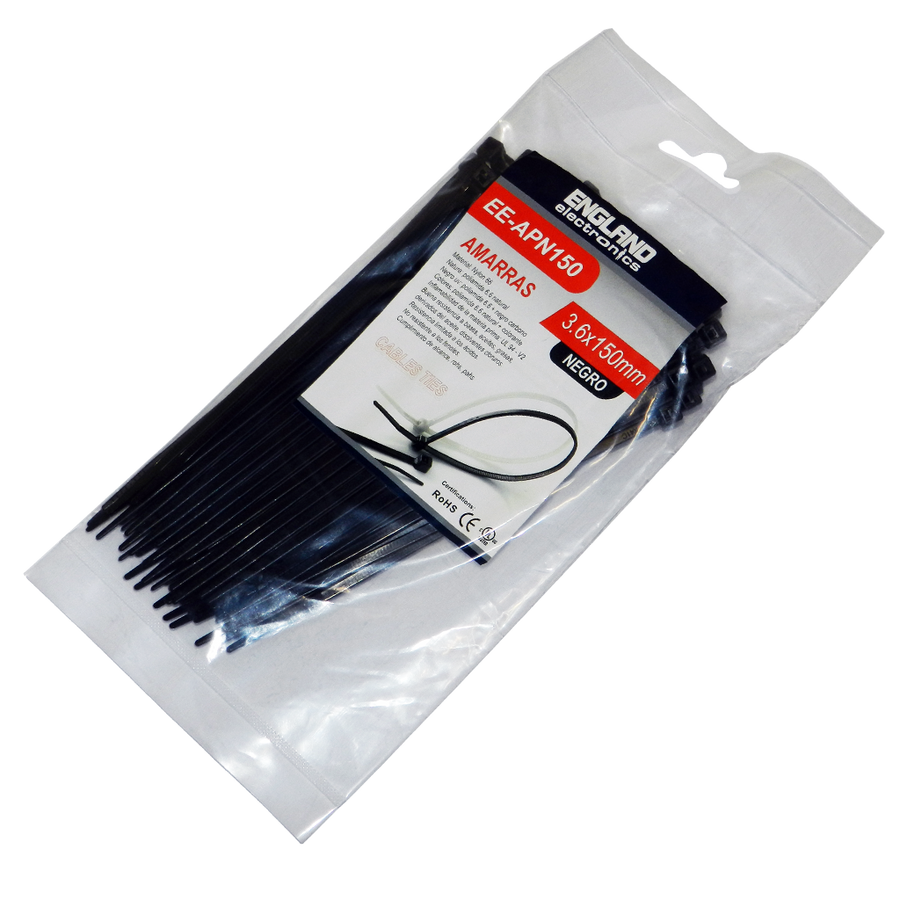 AMARRAS PLASTICAS, 100 PCS, 3.6MM, 15 CM, NEGRO